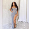 Fashionable strapless sleeveless slit waistband slim knit dress