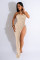 Fashionable strapless sleeveless slit waistband slim knit dress