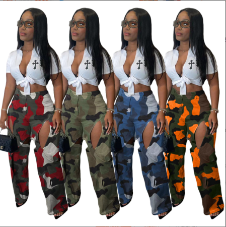 Fashionable digital printed perforated cross work suit straight leg pants