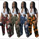 Fashionable digital printed perforated cross work suit straight leg pants