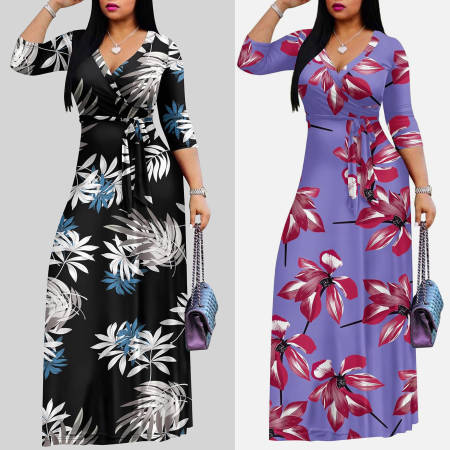 Elegant temperament, floral print long size dress