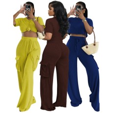 Fashion and casual solid color small bone pattern two-piece set