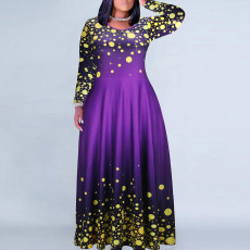 Elegant temperament, purple yellow contrasting print plus size dress