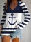 New casual V-neck navy blue striped printed long sleeved slim fit top
