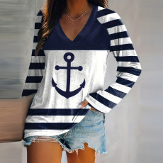 New casual V-neck navy blue striped printed long sleeved slim fit top