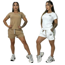 Fashionable and casual women's embossed+embroidered short sleeved shorts set (including knitted waistband)