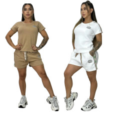 Fashionable and casual women's embossed+embroidered short sleeved shorts set (including knitted waistband)