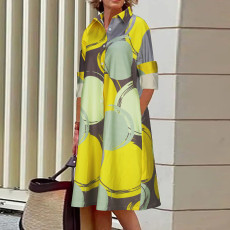 New product elegant style yellow green color blocked printed casual dress