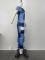 Women's chest wrapped one shoulder imitation denim block printed long dress in stock for sale