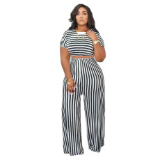 Large size short sleeved striped two-piece set in two colors