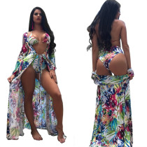 Floral printed bikini three piece set