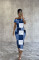 Women's chest wrapped one shoulder imitation denim block printed long dress in stock for sale
