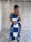 Women's chest wrapped one shoulder imitation denim block printed long dress in stock for sale