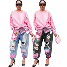 Fashionable hot stamping, positioning, printing, and cut denim jeans