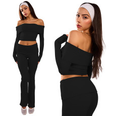 New one shoulder top, low waisted flared pants, fashionable and slimming solid color pants set