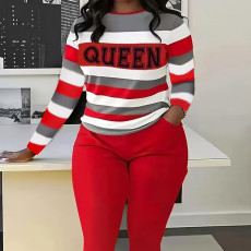 Color blocked hooded round neck letter printed casual set