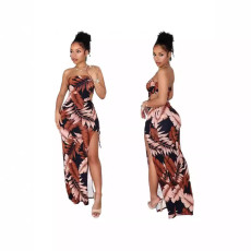 New chest wrapped floral print high slit long dress