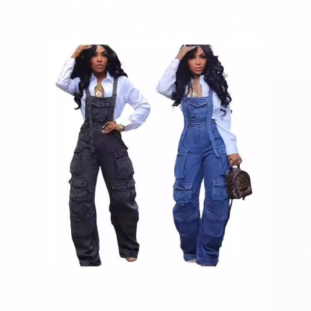 Fashionable shoulder strap loose multi organ pocket jumpsuit