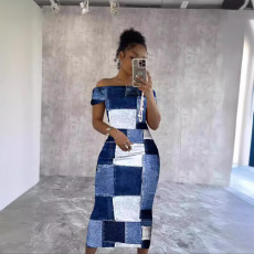 Women's chest wrapped one shoulder imitation denim block printed long dress in stock for sale