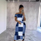 Women's chest wrapped one shoulder imitation denim block printed long dress in stock for sale