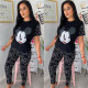 Personalized cartoon printed short sleeved casual two-piece set