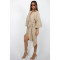 Fashionable linen V-neck strap mid length long sleeved dress