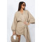 Fashionable linen V-neck strap mid length long sleeved dress