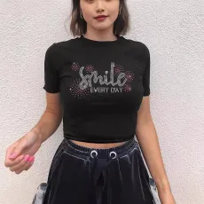 Summer velvet SMILE rhinestone round neck T-shirt Y2K style top
