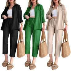 Two piece set of casual loose shirt jacket and nine point sports harem pants