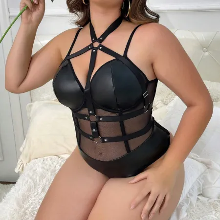 Large size fat woman sexy and sexy jumpsuit PU fishing net uniform Amazon AliExpress foreign trade hot selling