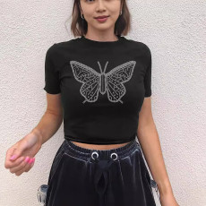 Butterfly rhinestone round neck T-shirt Y2K style top