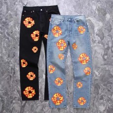 Flame Kapok Flower Printed Jeans DENIMTEARS Same Style Couple Long Pants Straight Pants ins