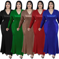 Large size women's long sleeved pearl dress for autumn