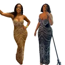 Strap, rhinestone, bubble bead evening dress, sexy dress, long skirt, women