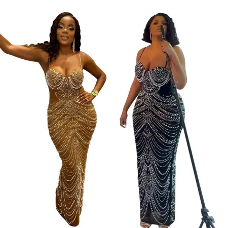 Strap, rhinestone, bubble bead evening dress, sexy dress, long skirt, women