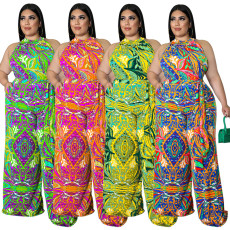 Wholesale supply of plus size women's clothing with printed collar jumpsuit