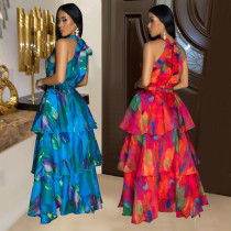Fashionable women's printed sleeveless long skirt, long skirt new  2PCS SET