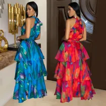 Fashionable women's printed sleeveless long skirt, long skirt new  2PCS SET