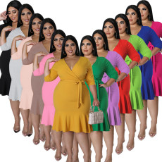 Wholesale source of plus size women's clothing, summer new style, mid sleeved jumpsuit, large swing skirt