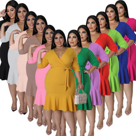 Wholesale source of plus size women's clothing, summer new style, mid sleeved jumpsuit, large swing skirt
