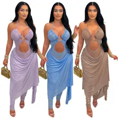 Solid color hollow transparent sexy dress wrapped around the chest