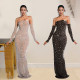 Fashionable women's rhinestone one-piece dress, long skirt Including sleeve covers