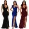 Solid color suspender sexy sequin long dress, slit evening gown