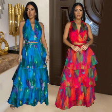 Fashionable women's printed sleeveless long skirt, long skirt new  2PCS SET
