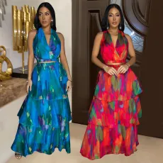 Fashionable women's printed sleeveless long skirt, long skirt new  2PCS SET