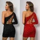 European and American sloping shoulder long sleeved tied hollow hip sequin dress