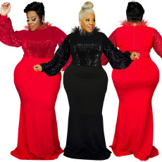 Large size women's winter new item with beaded sleeves women's dress