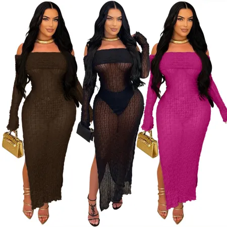 Hip hugging straight neck slit slim fit spicy girl sexy see through dress with underwear included