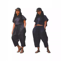 Fashionable loose wide leg work pants set, shirt collar top two-piece set