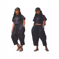 Fashionable loose wide leg work pants set, shirt collar top two-piece set